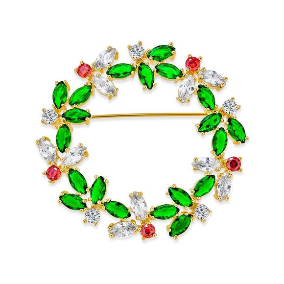 Marquise CZ Green Red Christmas Holiday Round Wreath Brooch Pin - Green - Picture 1 of 4